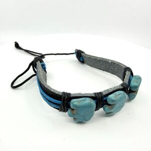 Vintage Boho Blue Elephant Bracelet Faux Leather Wrap Beaded Surfer Statement